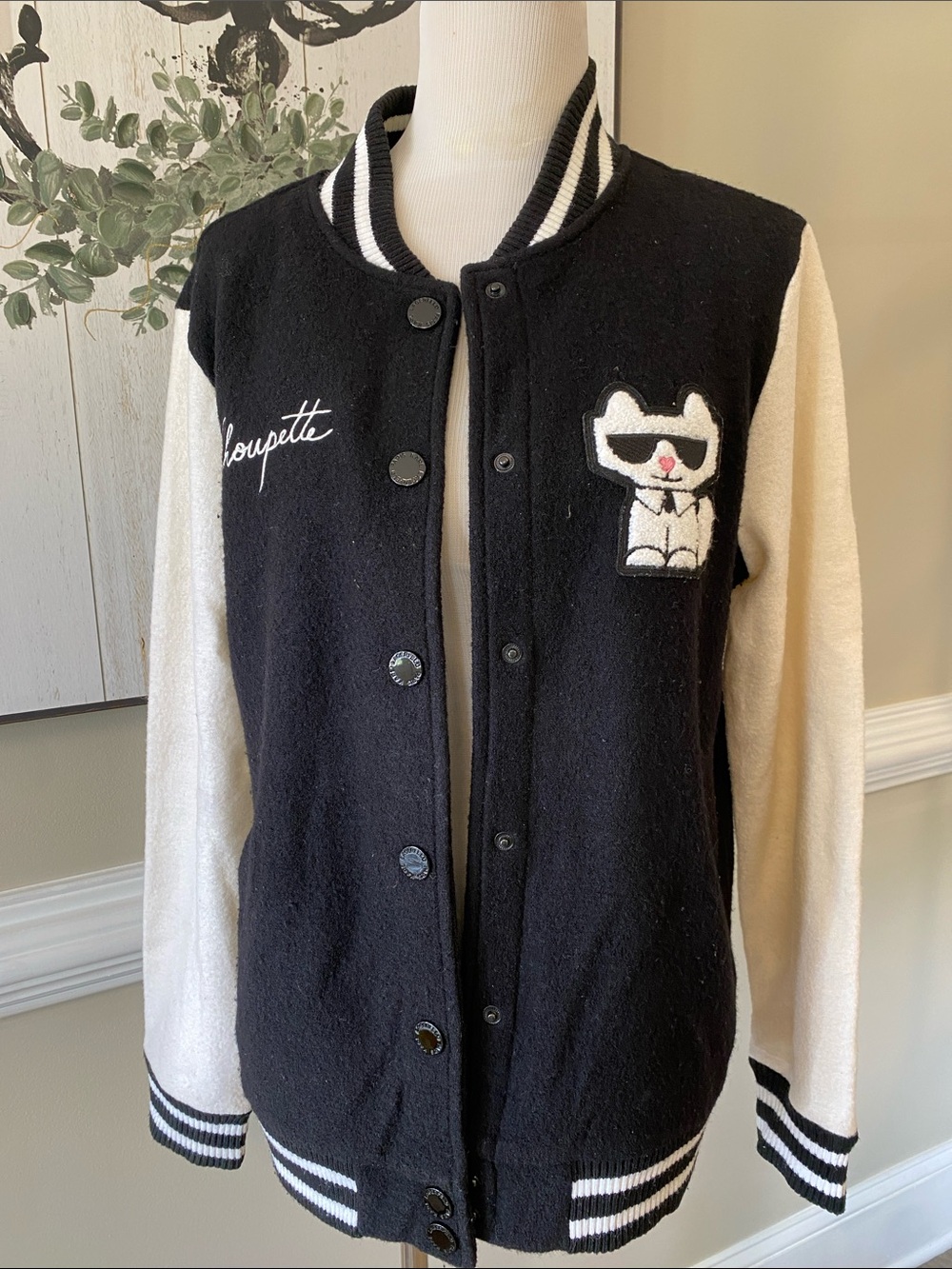 Karl Lagerfeld Black and Cream Varsity Jacket with Cat Patch